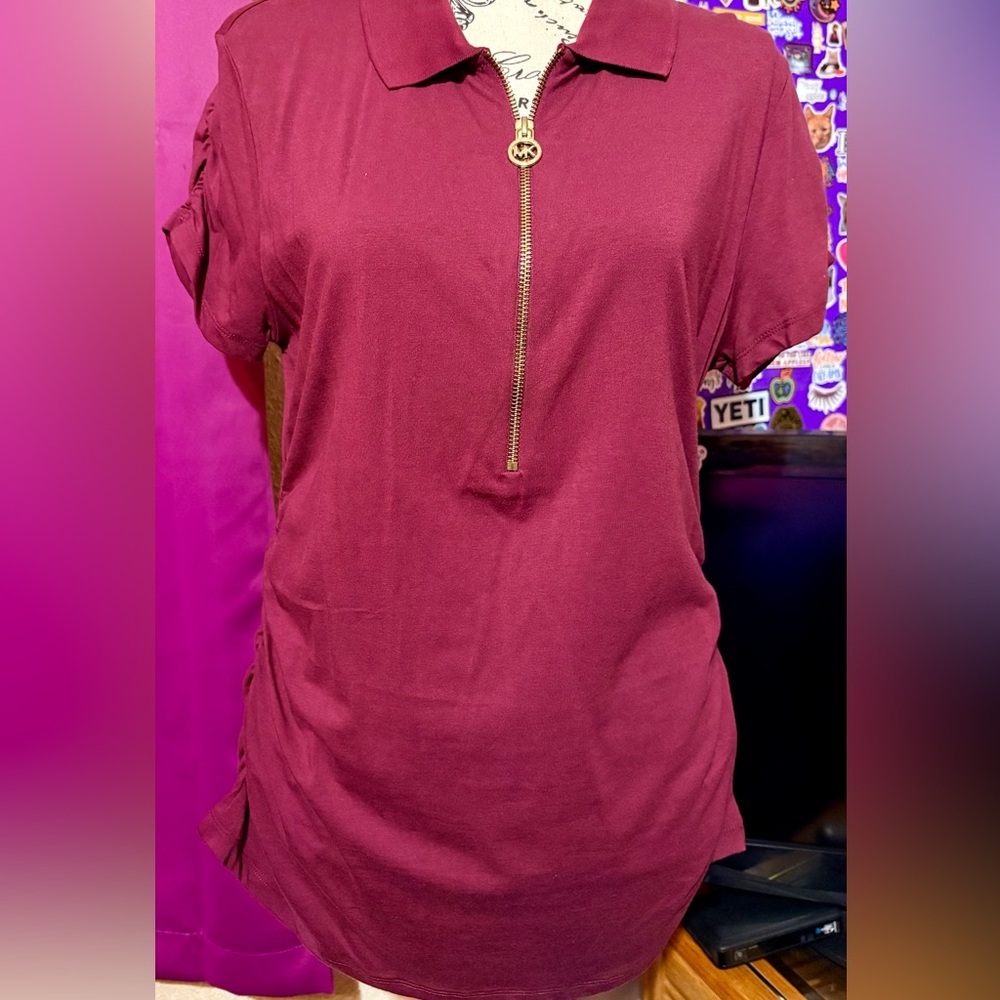 NWT Michael Kors Maroon/burgendy Short Sleeve Top with Gold Zip